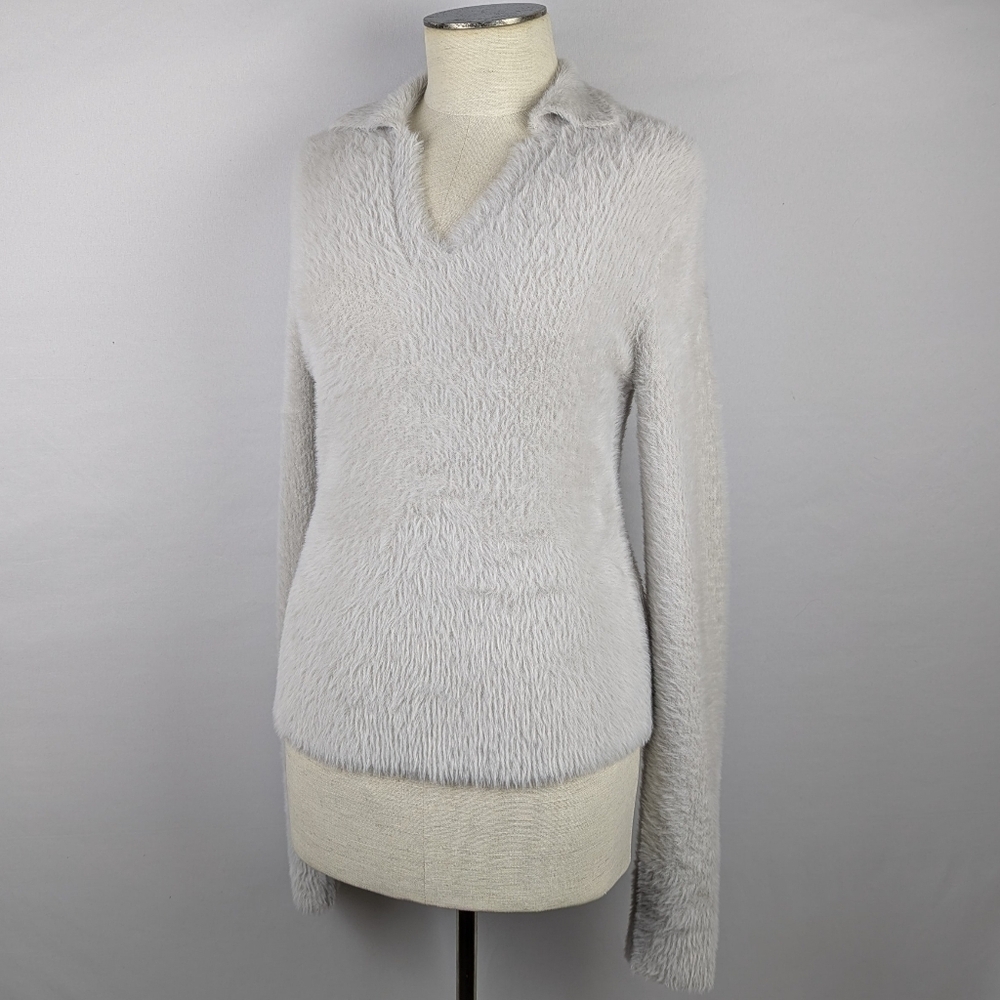 Vince Eyelash Polo Sweater Long Sleeve Soft FuzzyTexture Light Birch Stone M NWT - Picture 11 of 14